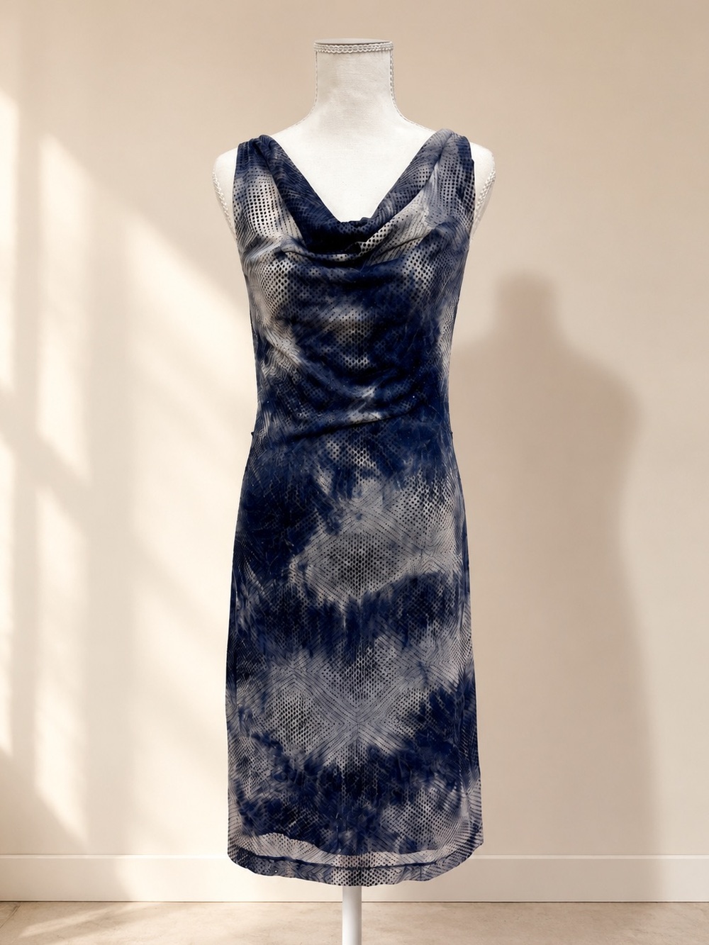 Liz Minelli Blue Abstract Cowl Neck Midi Dress M